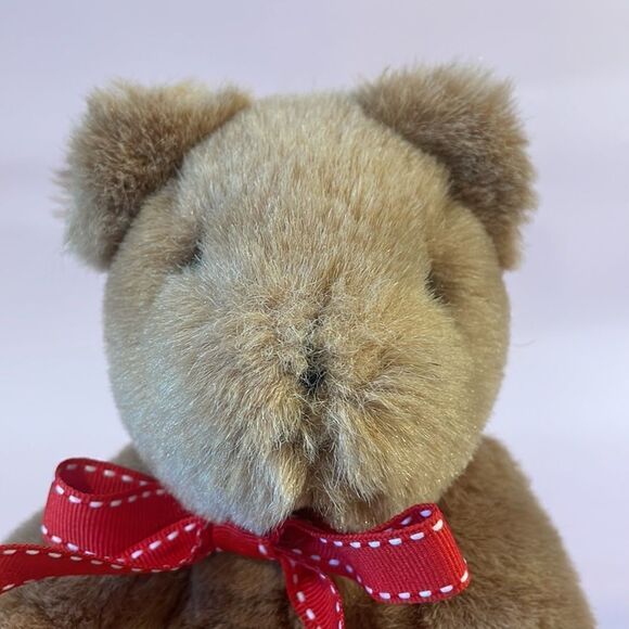 Classic Vintage Weighted Light Brown Teddy Bear Jointed Legs & Arms Red Ribbon - Picture 11 of 11